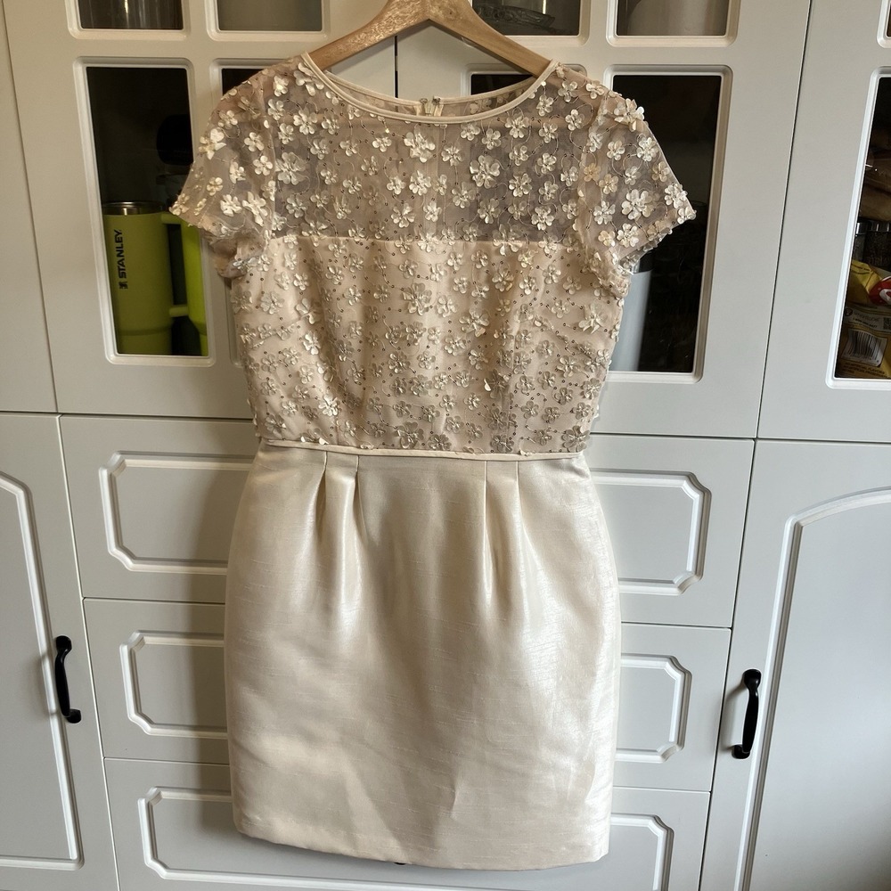 Tahari Arthur S. Levine Floral Lace Applique Dress Champagne Cream Size 4